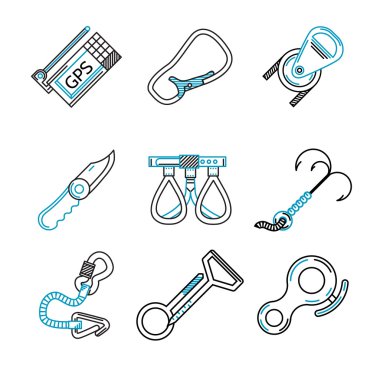 Flat line vector icons for rock climbing equipment clipart