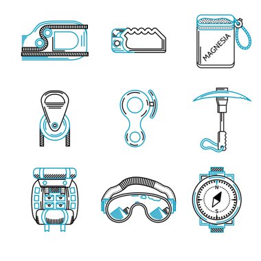 Flat line vector icons for mountaineering equipment clipart