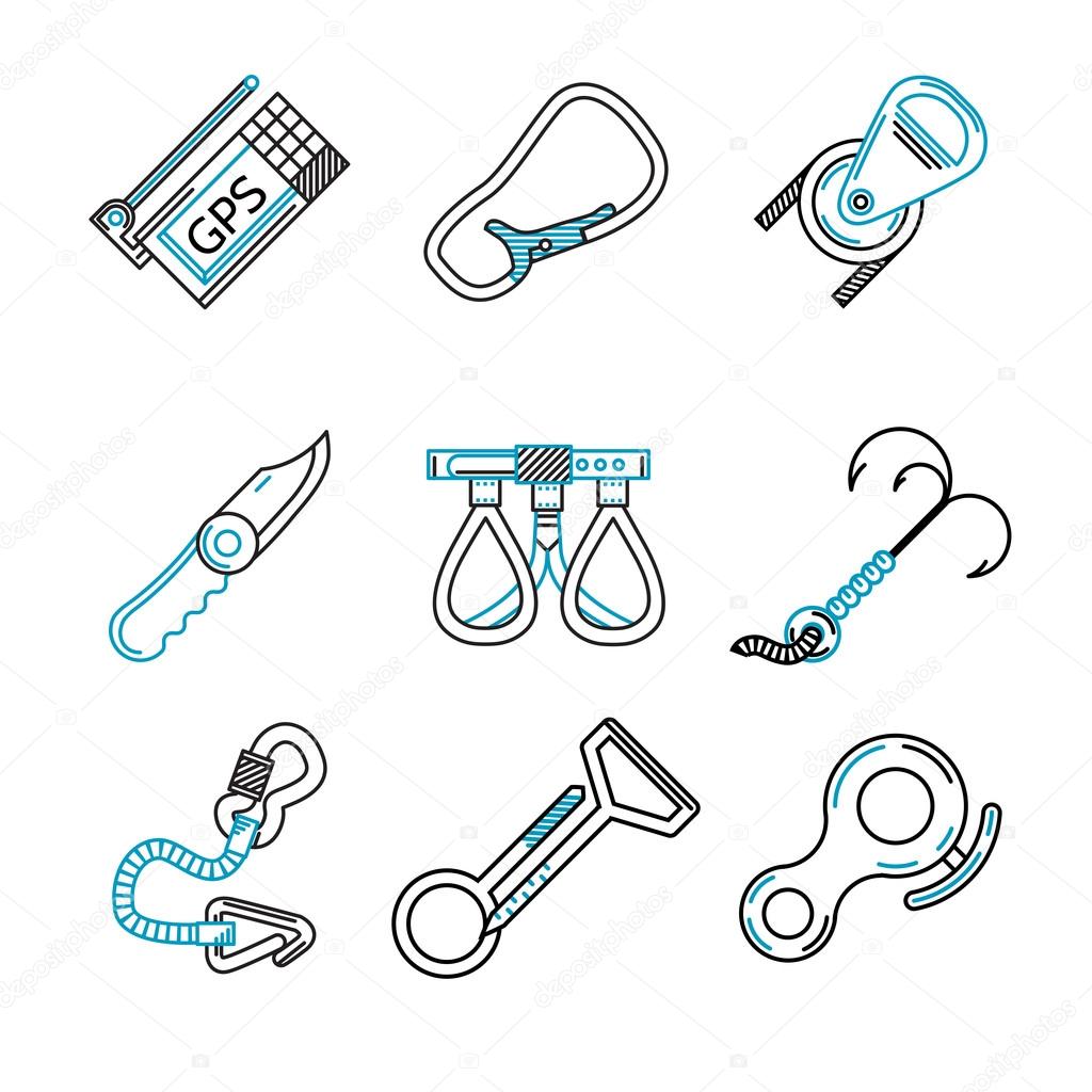 Flat line vector icons for rock climbing equipment
