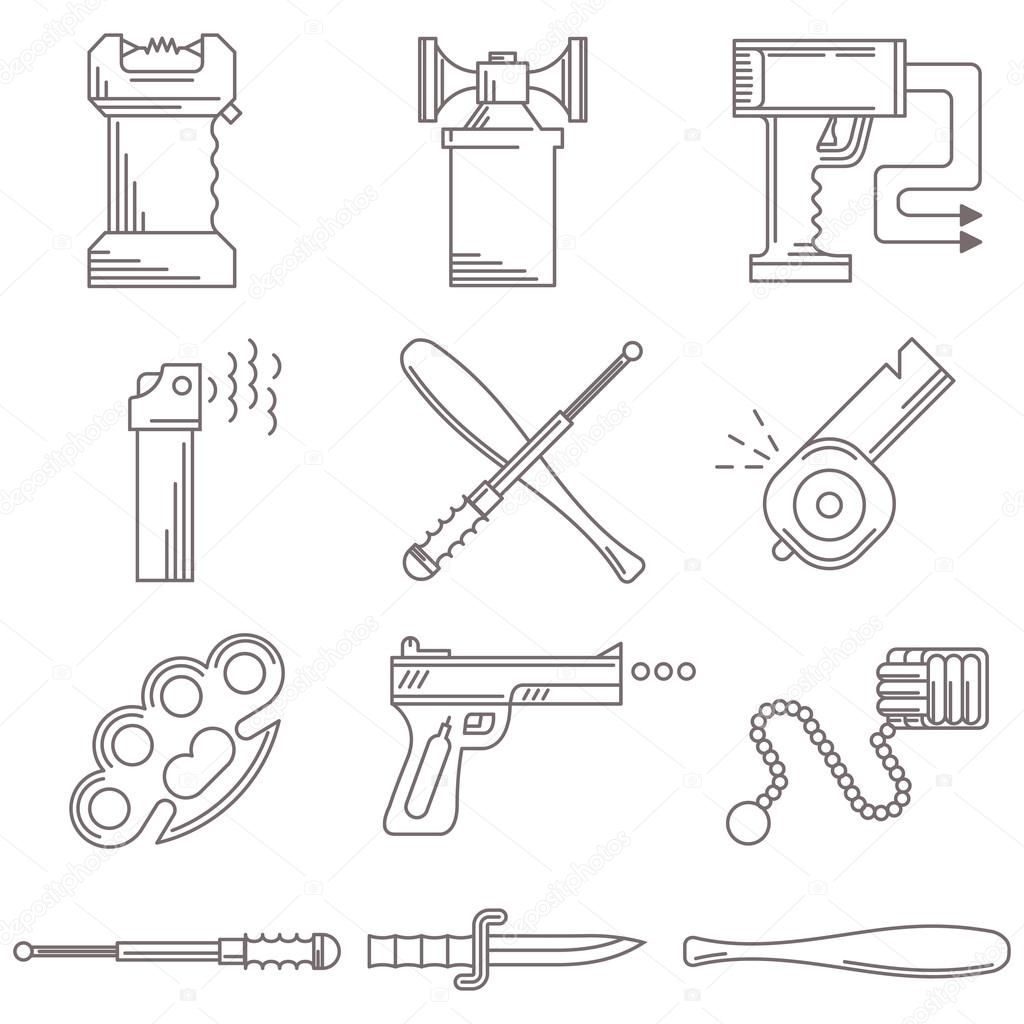 Black line vector icons for self defence