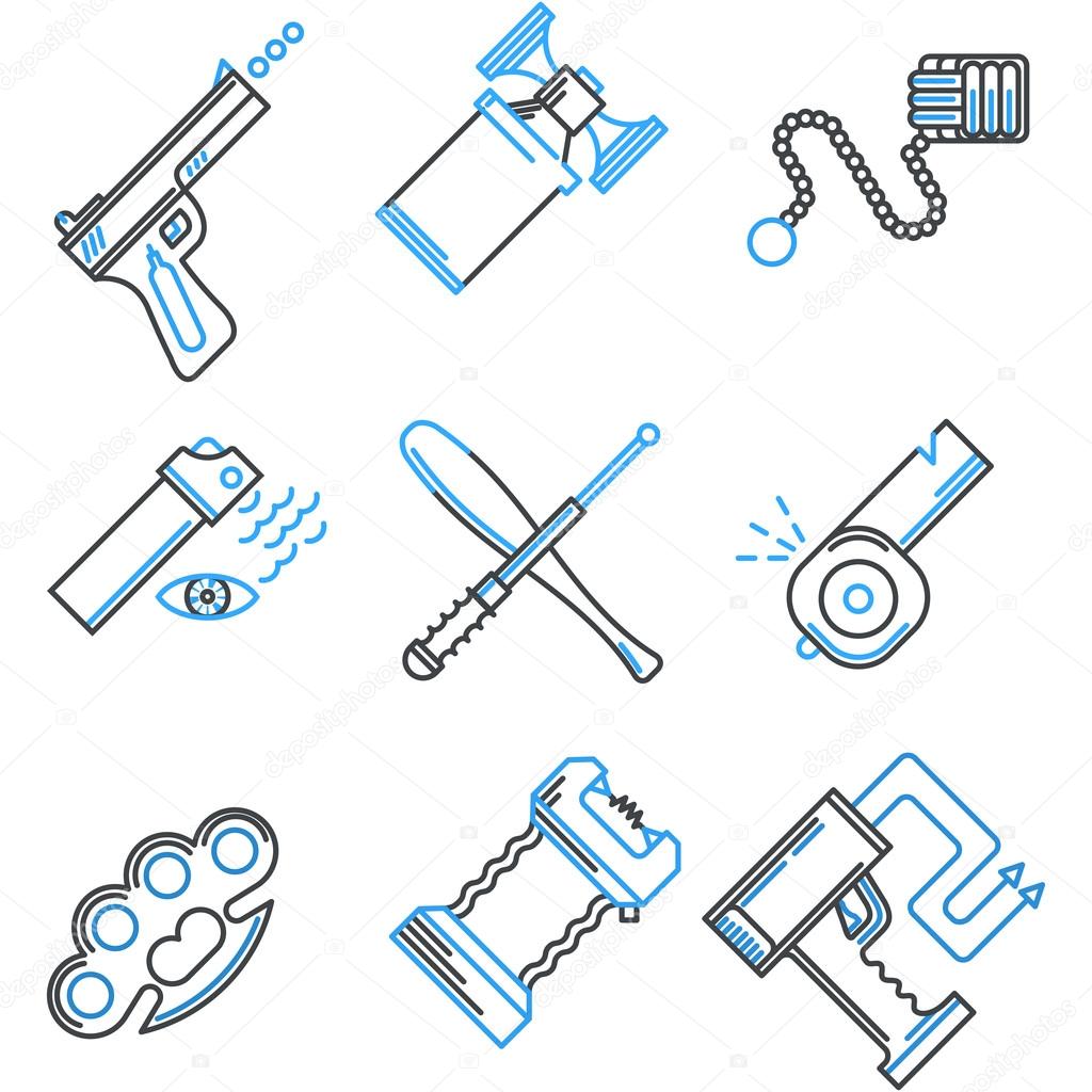 Flat line icons vector collection of self-defense