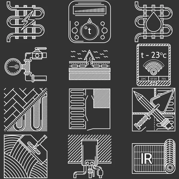 Línea blanca iconos colección vectorial para calefacción por suelo radiante — Vector de stock