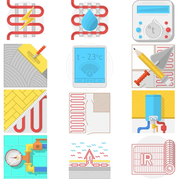 Iconos de color colección vectorial para calefacción por suelo radiante — Vector de stock