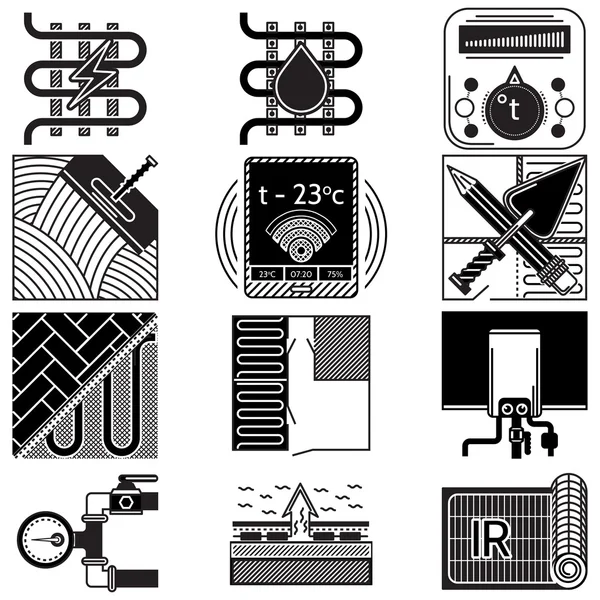Black icons vector collection for underfloor heating — Stock Vector