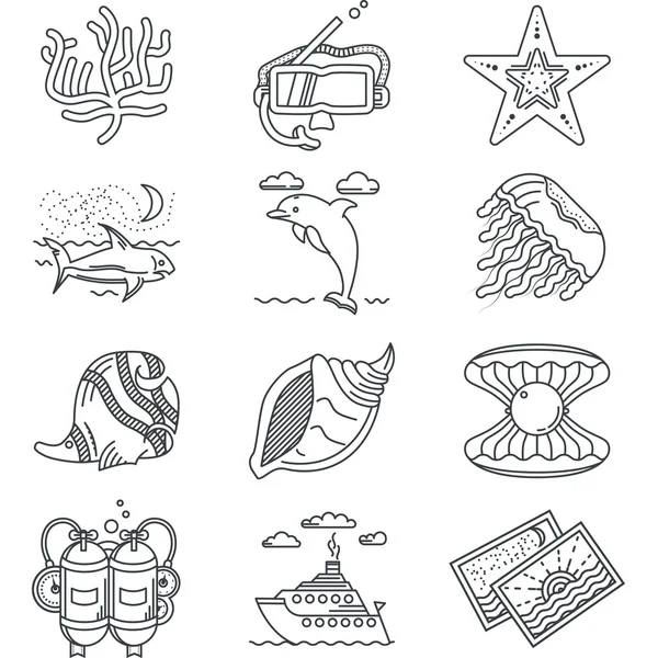 Black line vector icons for tropical rest — Stock Vector