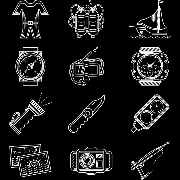 Iconos vectoriales de línea blanca para buceo — Vector de stock