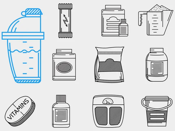 Iconos de línea plana colección de vectores para la nutrición deportiva — Vector de stock