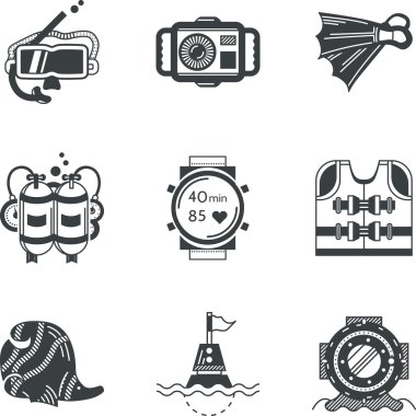 Diving objects black vector icons clipart