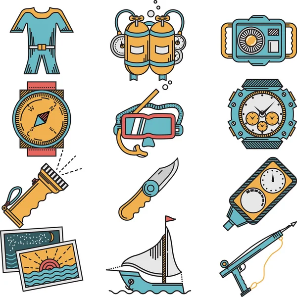 Scuba uitrusting vlakke stijl vector iconen — Stockvector