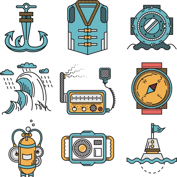 Flat line style nautical vector icons — Stock Vector