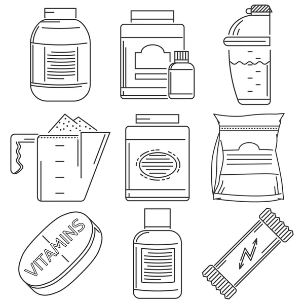 Sports nutrition flat line icons vector collection — Stock Vector