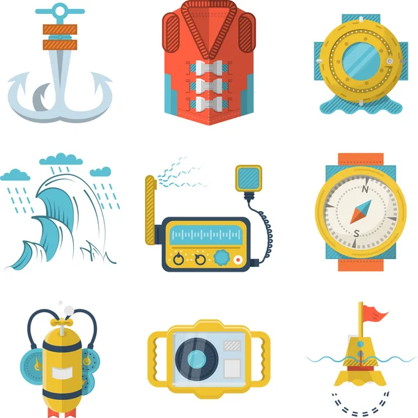 Nautical flat color design vector icons — Stock Vector