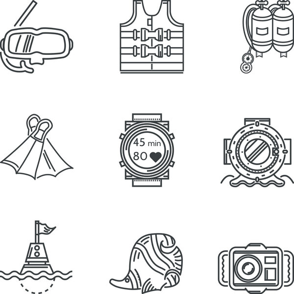 Diving black line vector icons