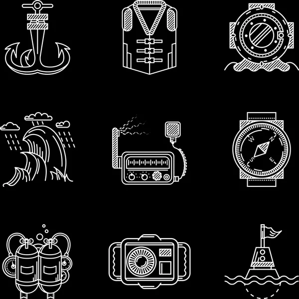 White line vector icons for marine equipment — Stock Vector