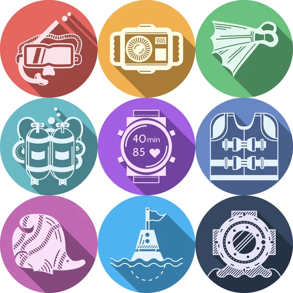 Colored flat vector icons for diving — Stock Vector