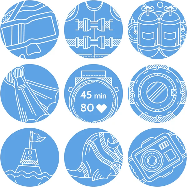 Round blue vector icons for diving — Stock Vector