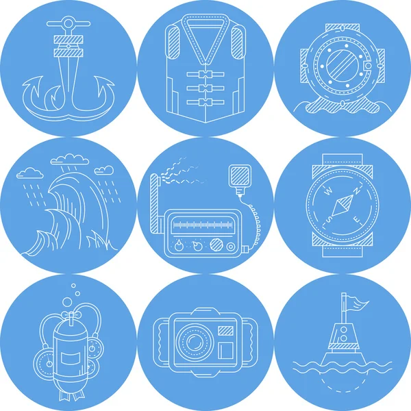 Blue round marine vector icons — Stock Vector