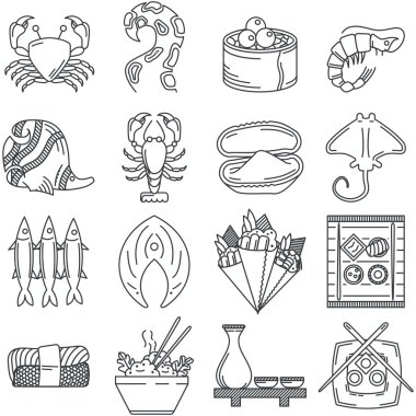 Siyah çizgi simge vektör toplama deniz ürünleri