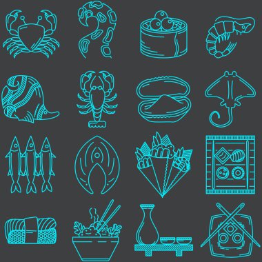 Deniz ürünleri hattı simgeler koleksiyon vektör