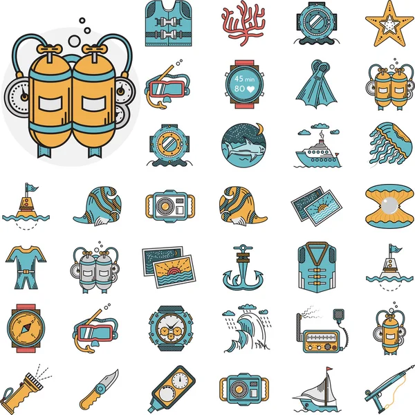 Buceo iconos planos colección vectorial — Vector de stock