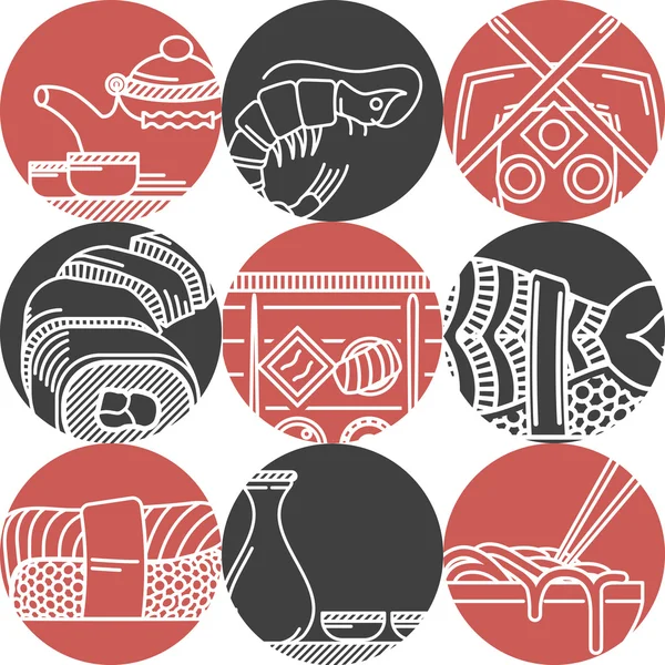 Asian food black and red vector icons — Stock Vector