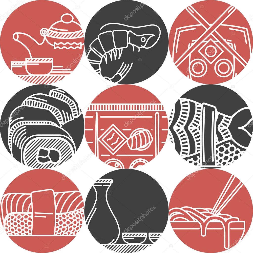 Asian food black and red vector icons