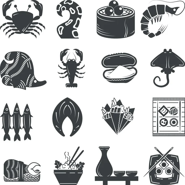 Mariscos negro iconos colección vectorial — Vector de stock