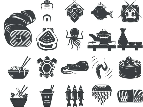 Iconos de vector negro para menú asiático y mariscos — Vector de stock