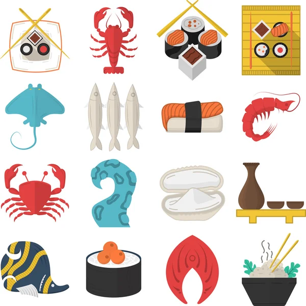 Asian seafood flat color vector icons — Stock Vector