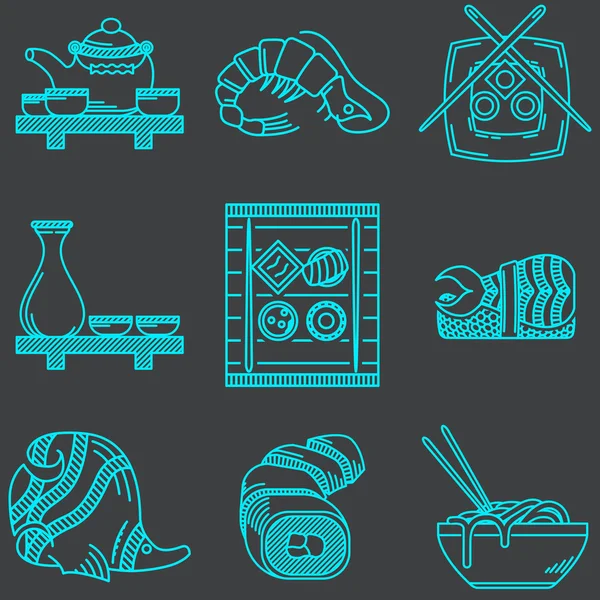 Comida japonesa iconos azules colección vectorial — Vector de stock