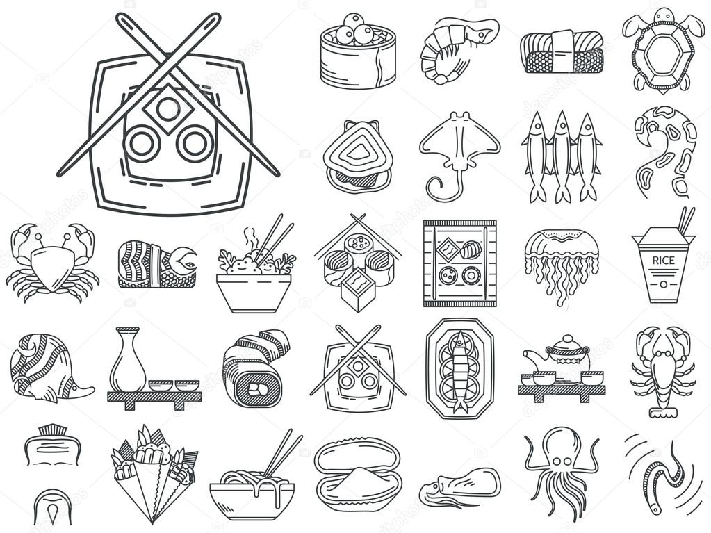 Line vector icons for japanese seafood menu