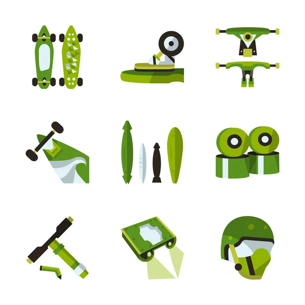 Green flat vector icons for longboard accessories — Stock Vector