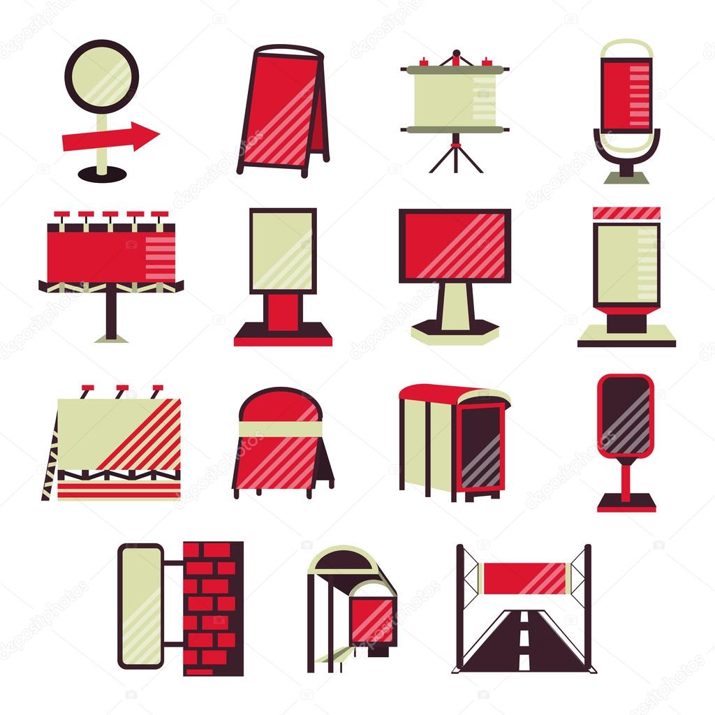 Red flat vector icons for outdoor advertising