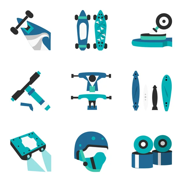 Longboard elementen egale kleur vector iconen — Stockvector