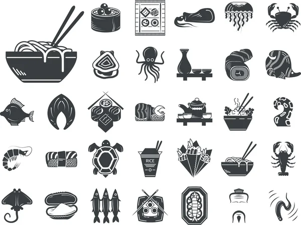 Menú de mariscos negro iconos vectoriales monocromos — Archivo Imágenes Vectoriales