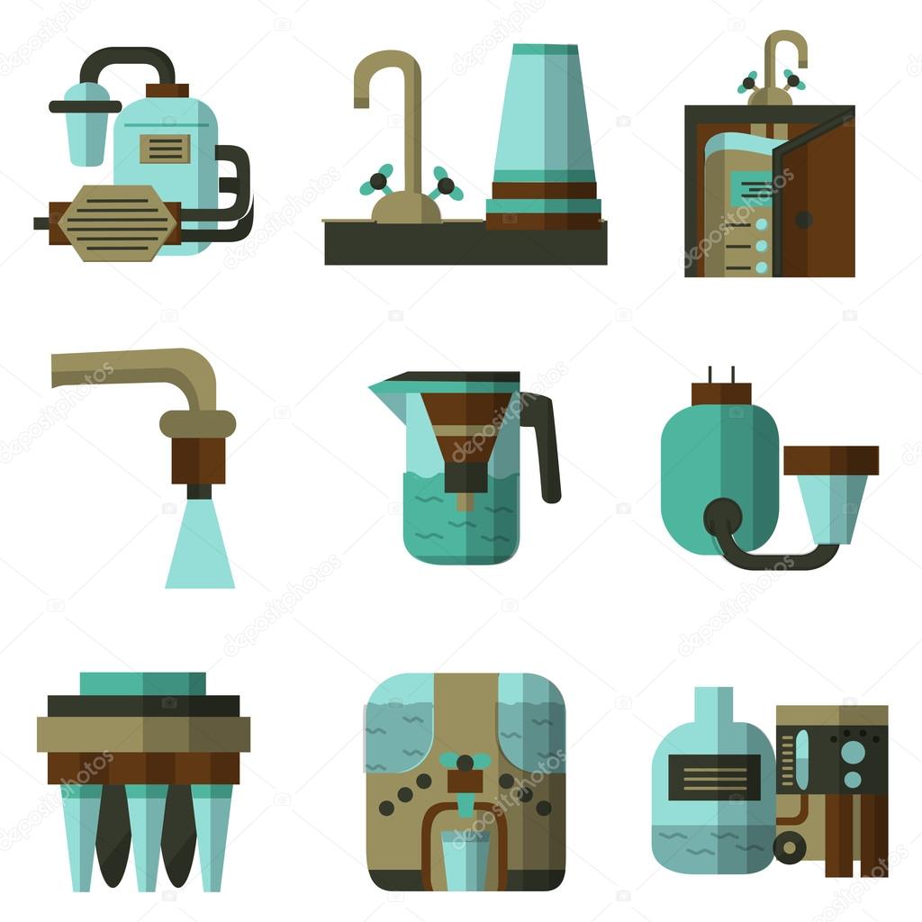 Water filters flat color vector icons