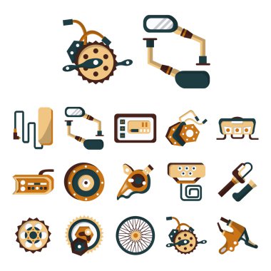 Electric bike details flat color vector icons
