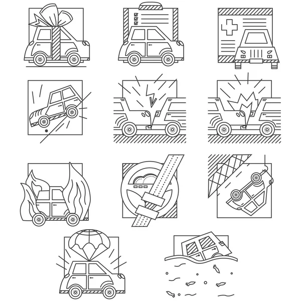 Iconos de vector de línea plana de seguro de coche — Archivo Imágenes Vectoriales