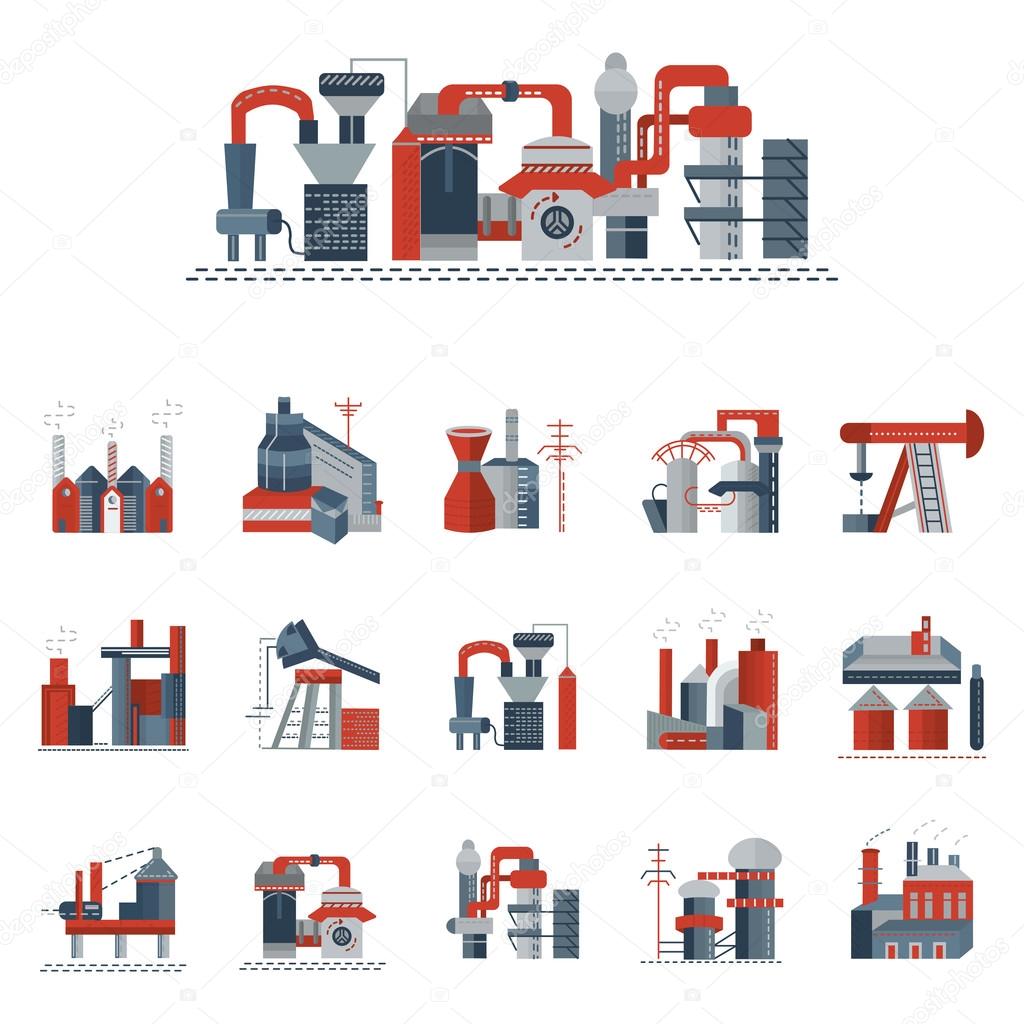 Industrial factories flat color vector icons