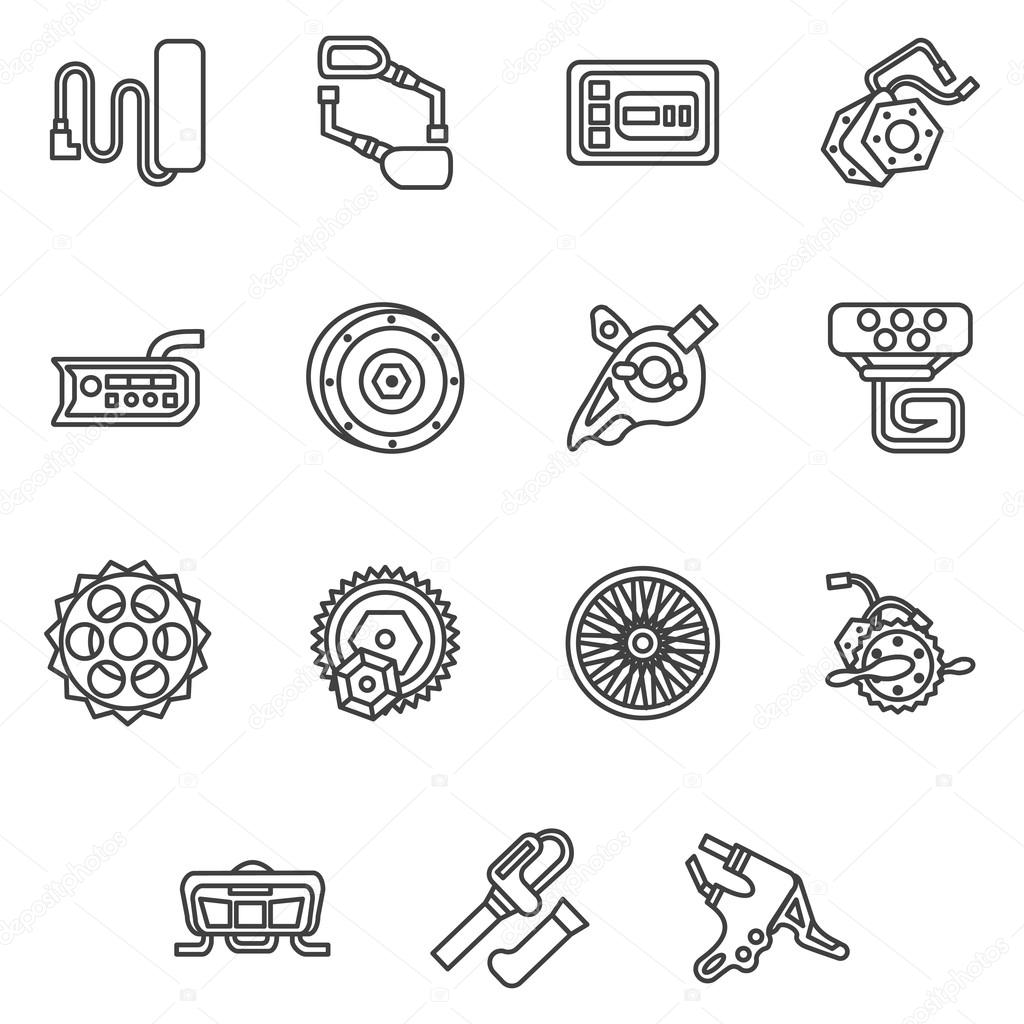 Simple line vector icons for e-bike parts