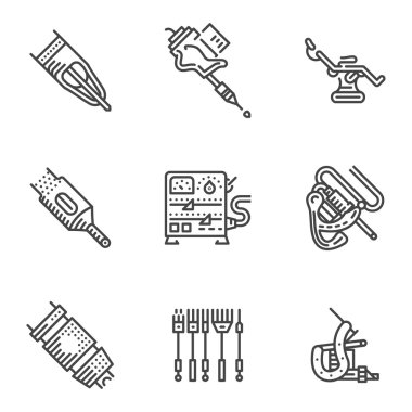 Black line vector icons for tattoo equipment