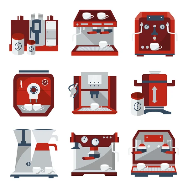 Iconos de vector plano para la venta de máquinas de café — Vector de stock