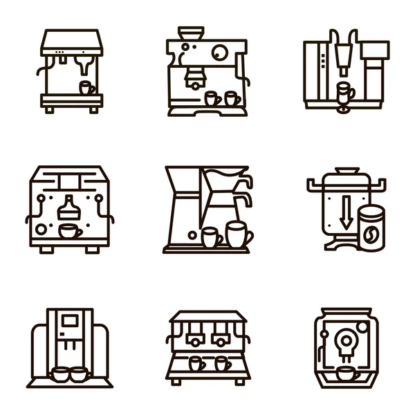 Iconos de vector de línea plana para la venta de máquinas de café — Vector de stock