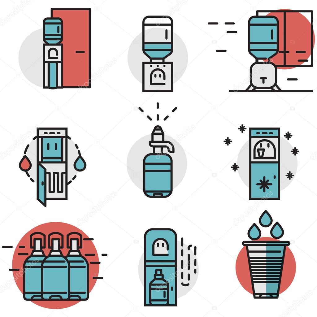 Water cooler flat line colored vector icons