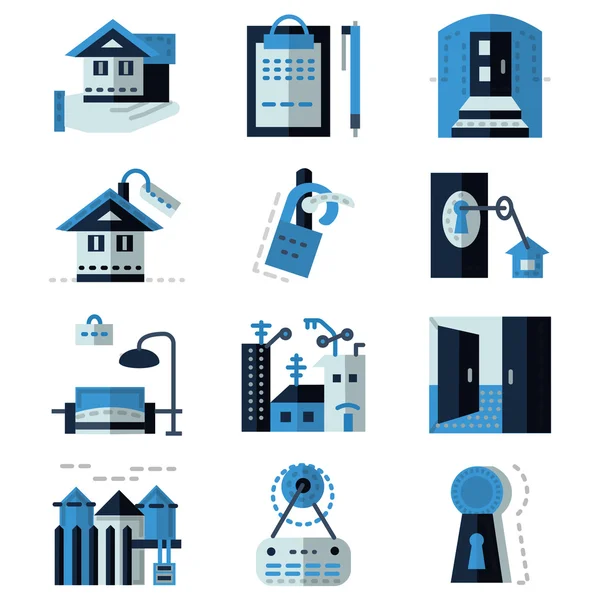 Alquiler de bienes raíces azul apartamento vector iconos — Vector de stock