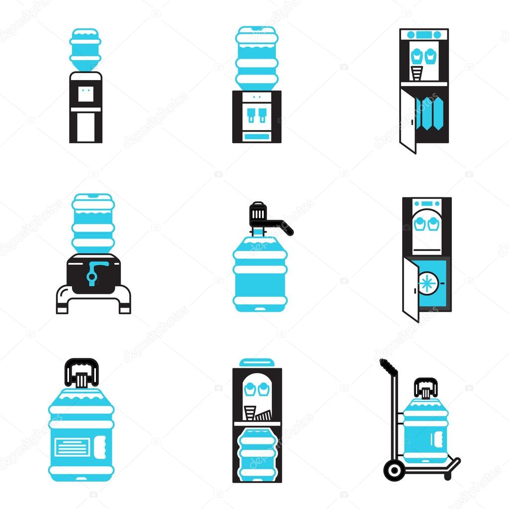 Water cooler items flat vector icons set