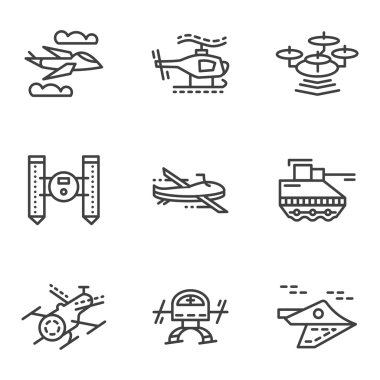 Military drones simple line vector icons