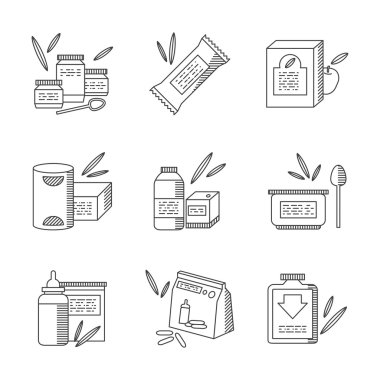 Baby food line vector icons set