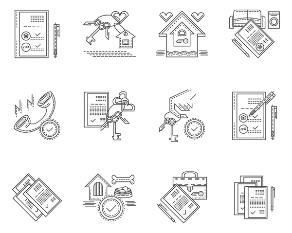 Iconos vectoriales lineales en alquiler de casa — Vector de stock