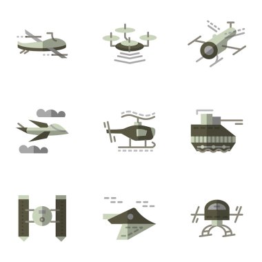 Military drones flat vector icons set